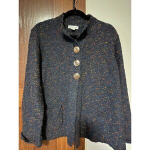 Coldwater Creek Women Navy Blue Confetti Boucle Knit Button Cardigan Sweater PXL
